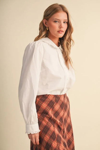 White Ruffle Peter Pan Collar Button Down Blouse