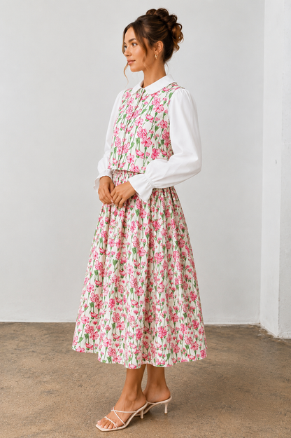 Ditsy Floral High-Waisted A-Line Midi Skirt Set Top Pink