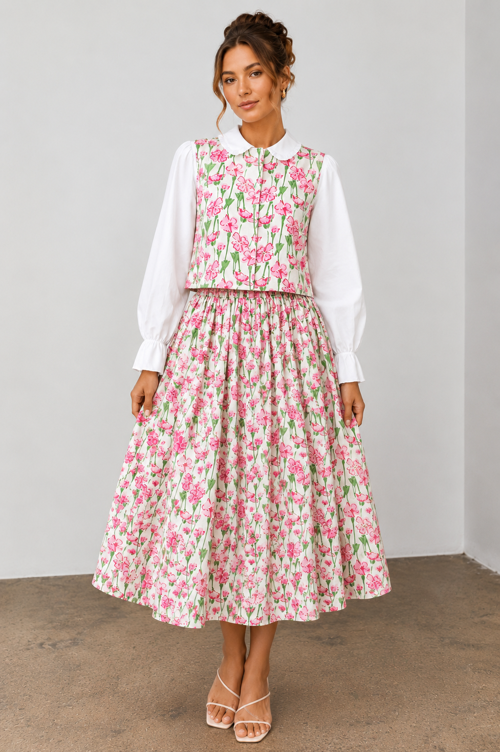Ditsy Floral High-Waisted A-Line Midi Skirt Set Top Pink