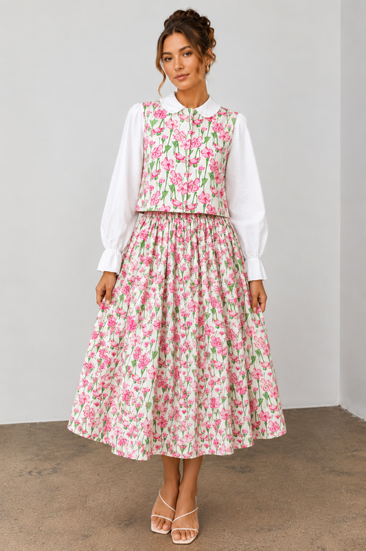 Ditsy Floral High-Waisted A-Line Midi Skirt Set Top Pink