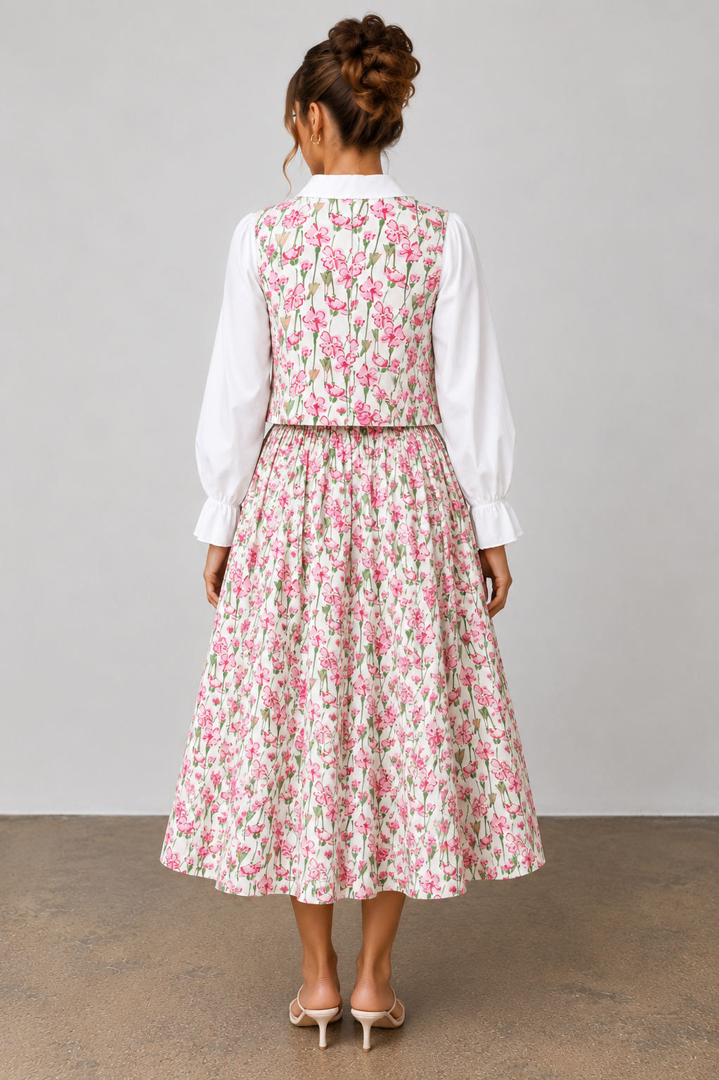 Ditsy Floral High-Waisted A-Line Midi Skirt Set Top Pink
