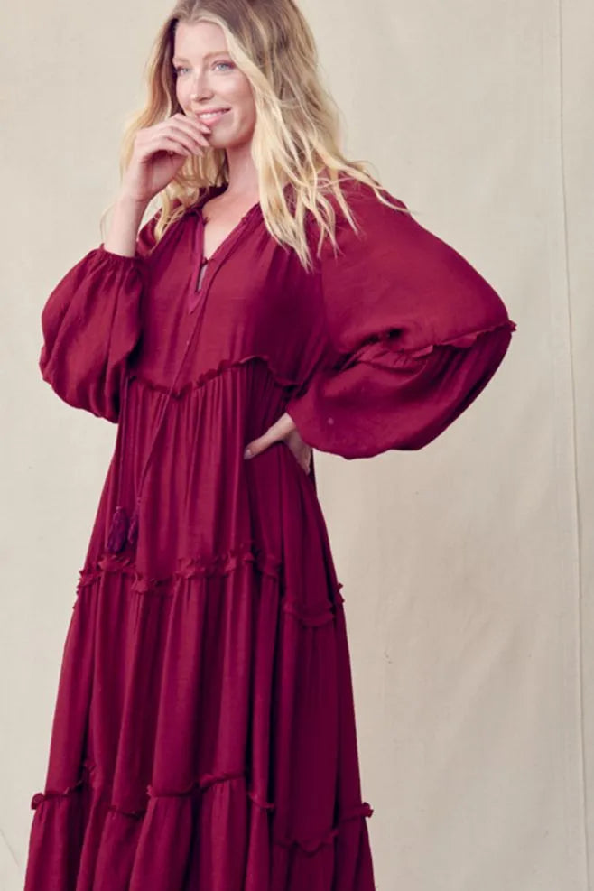 Burgundy Tie Front Maxi Dress