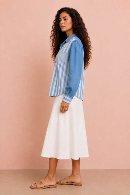 WASHED MULTI STRIPED DENIM BUTTONED SHACKET TOP