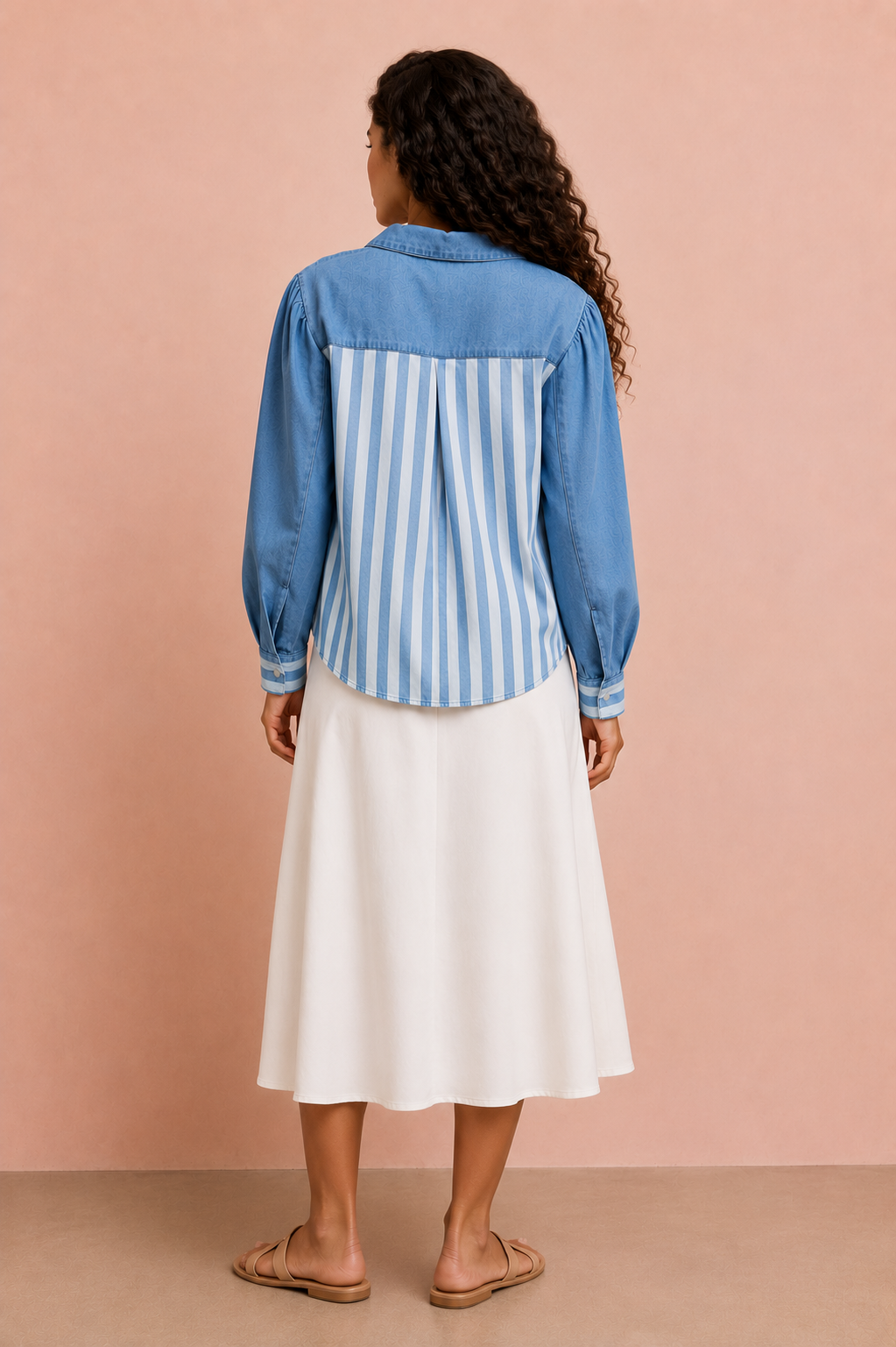 WASHED MULTI STRIPED DENIM BUTTONED SHACKET TOP