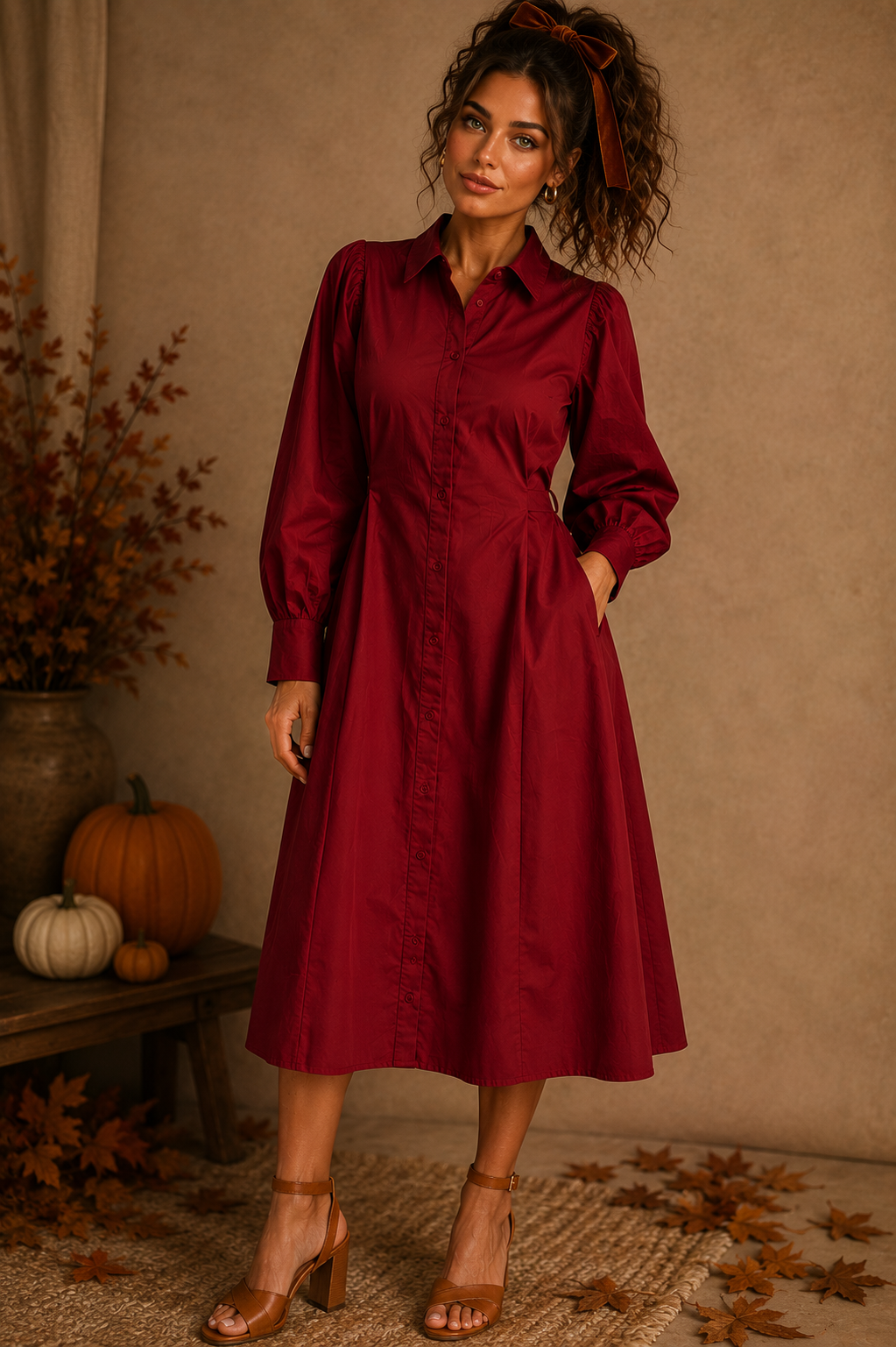 Button Down Red Crimson Belted Midi Dress