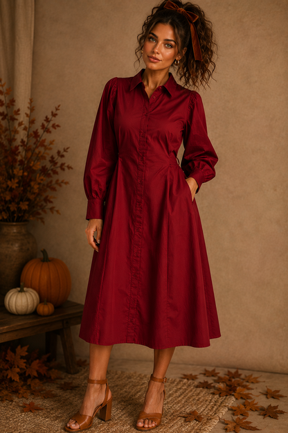 Button Down Red Crimson Belted Midi Dress