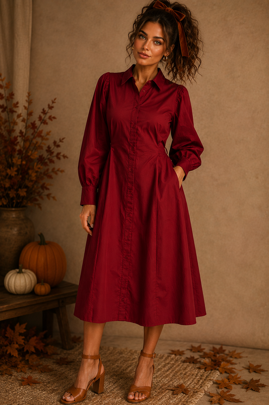 Button Down Red Crimson Belted Midi Dress