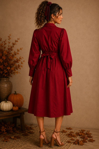 Button Down Red Crimson Belted Midi Dress