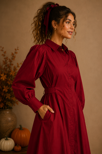 Button Down Red Crimson Belted Midi Dress