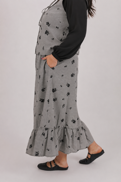 Black Gray Floral Essential Bloom Top and Skirt Set