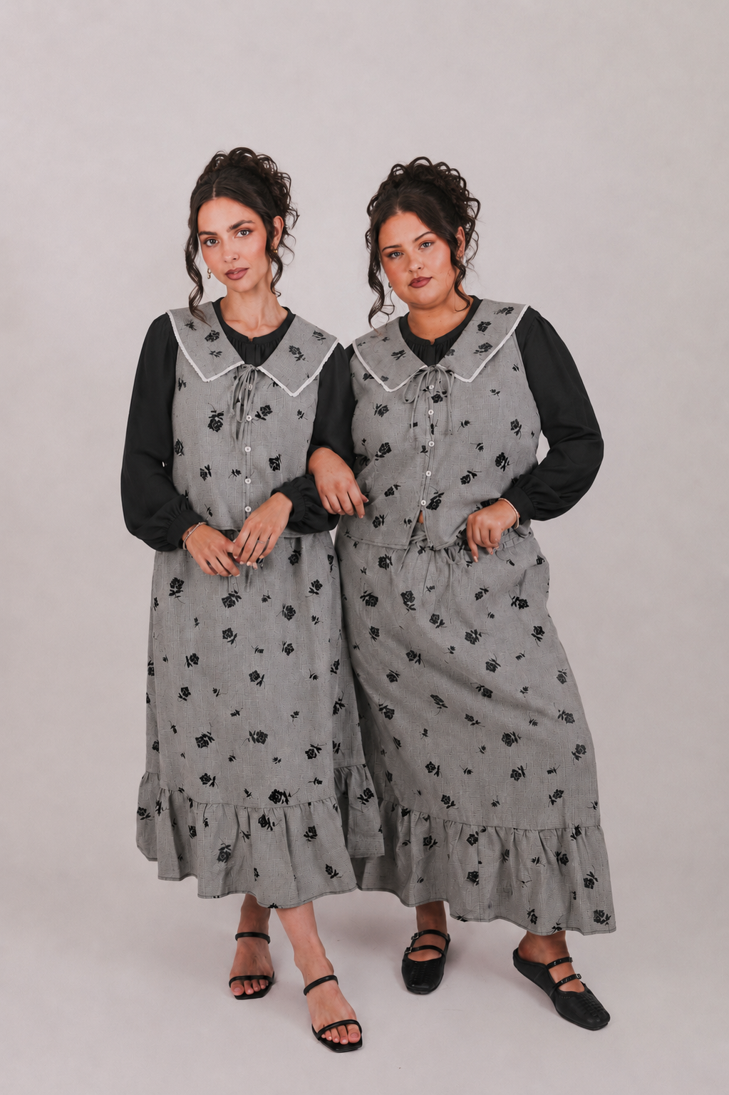 Black Gray Floral Essential Bloom Top and Skirt Set