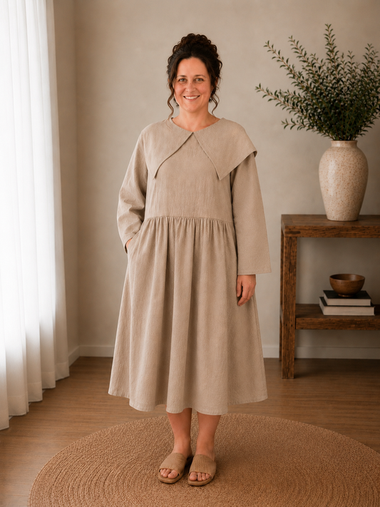 Peter Pan Collared Long Sleeve Midi Dress Oatmeal