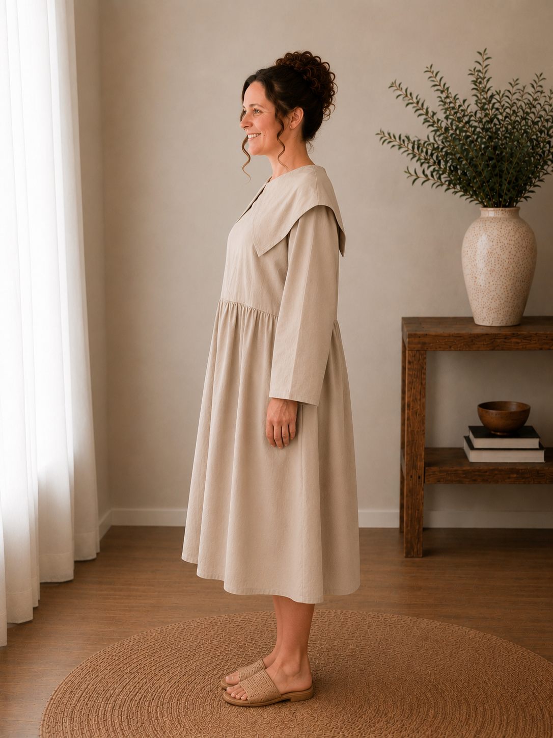 Peter Pan Collared Long Sleeve Midi Dress Oatmeal