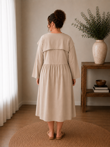 Peter Pan Collared Long Sleeve Midi Dress Oatmeal