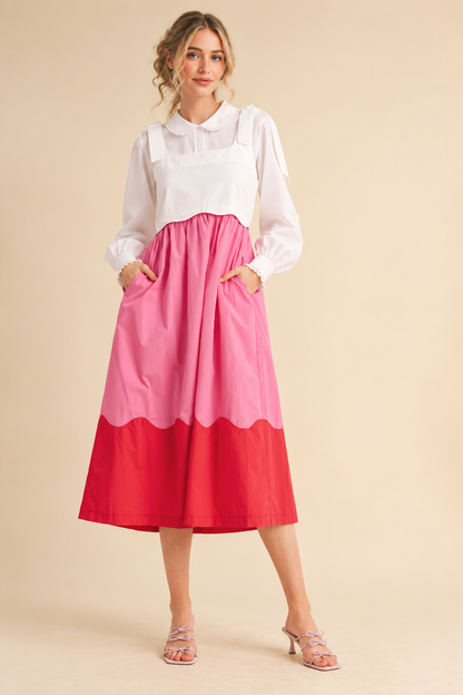 SCALLOPED COLOR BLOCK PINK WHITE SCALLOP MIDI DRESS