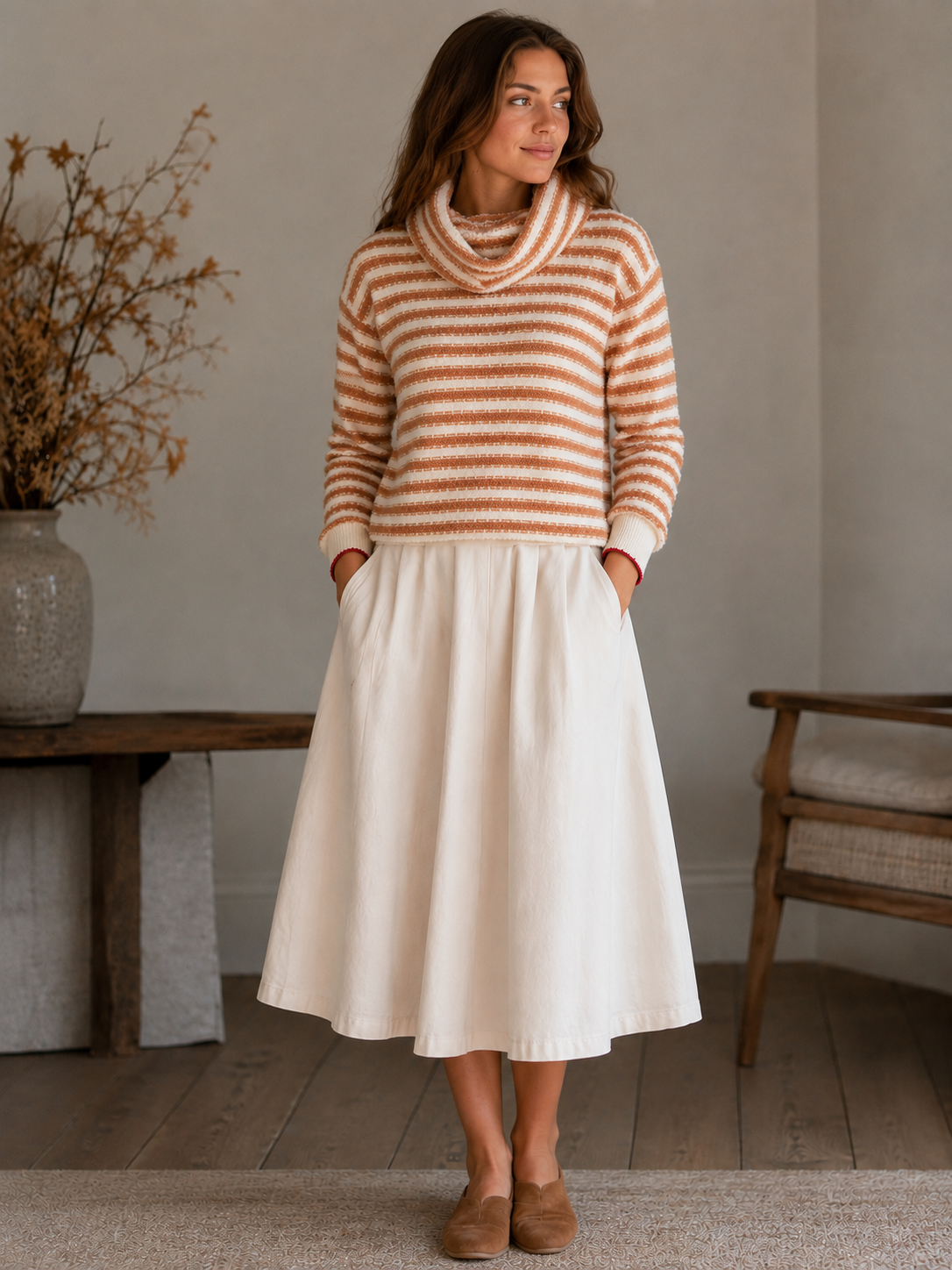 Carmel White Striped Knit Long Sleeve Turtle Neck Sweater With Red Trimming Wrist