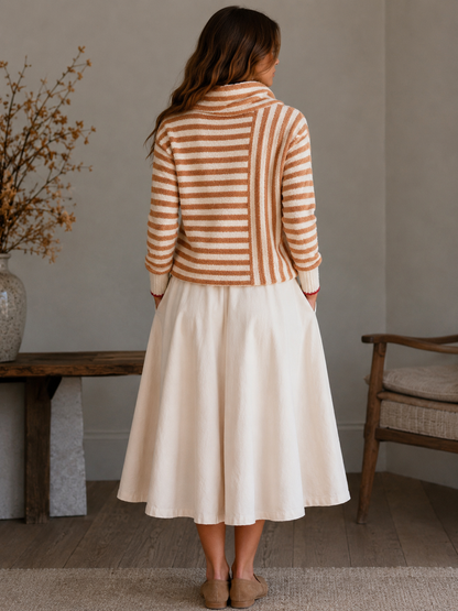 Carmel White Striped Knit Long Sleeve Turtle Neck Sweater With Red Trimming Wrist