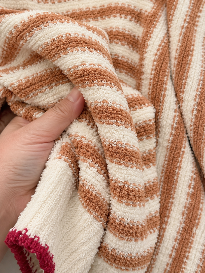 Carmel White Striped Knit Long Sleeve Turtle Neck Sweater With Red Trimming Wrist
