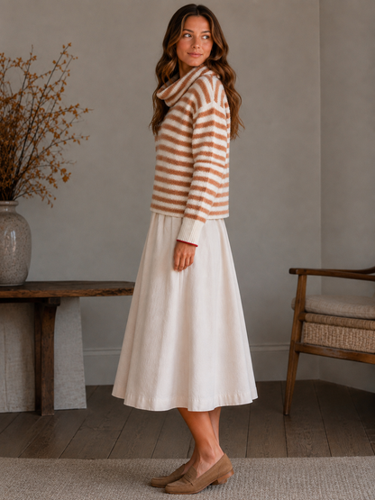 Carmel White Striped Knit Long Sleeve Turtle Neck Sweater With Red Trimming Wrist
