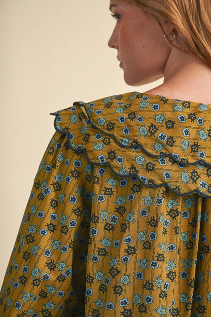 Sage Floral Oversize Ruffle Scallop Peter Pan Blouse