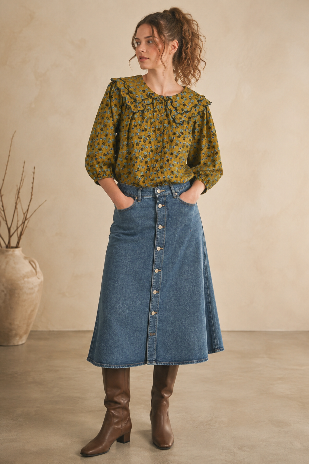 Sage Floral Oversize Ruffle Scallop Peter Pan Blouse