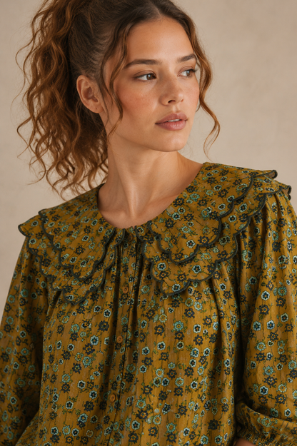 Sage Floral Oversize Ruffle Scallop Peter Pan Blouse