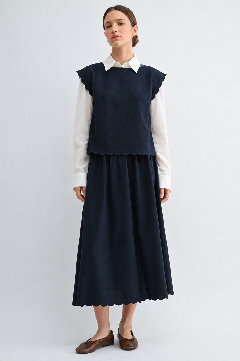 CROPPED SCALLOP SKIRT TOP SET NAVY BLUE