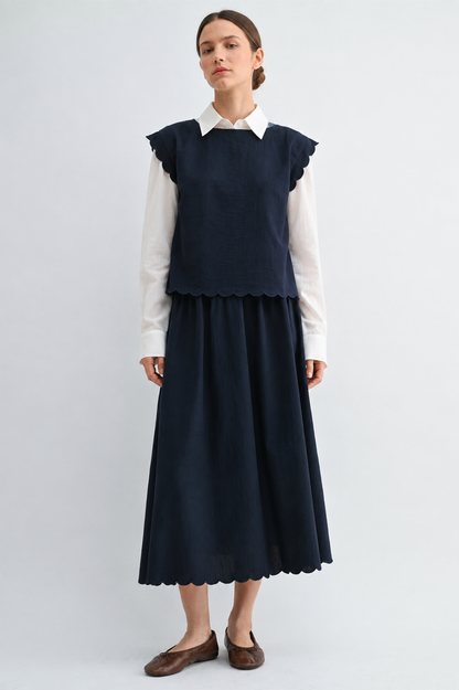 CROPPED SCALLOP SKIRT TOP SET NAVY BLUE