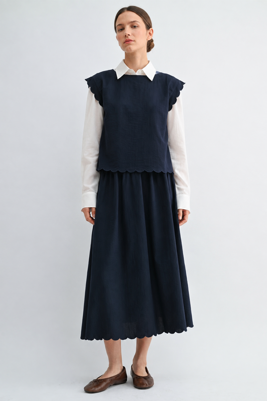 CROPPED SCALLOP SKIRT TOP SET NAVY BLUE