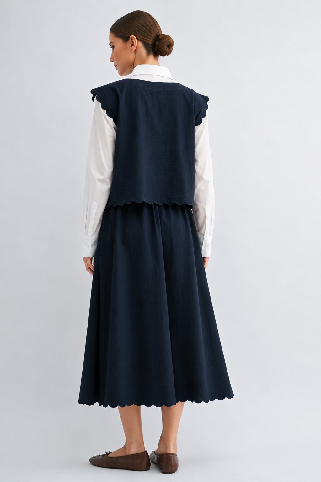 CROPPED SCALLOP SKIRT TOP SET NAVY BLUE