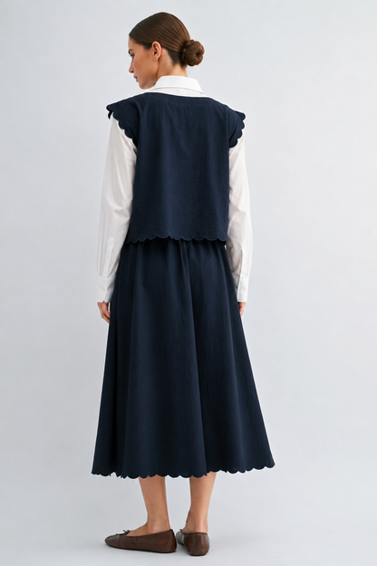CROPPED SCALLOP SKIRT TOP SET NAVY BLUE