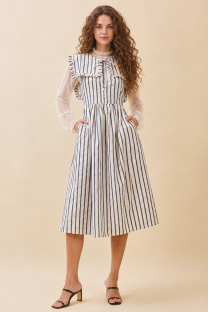 Striped Ruffled Square Collar Front Tie Midi Dres
