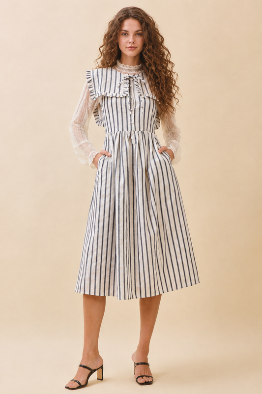 Striped Ruffled Square Collar Front Tie Midi Dres