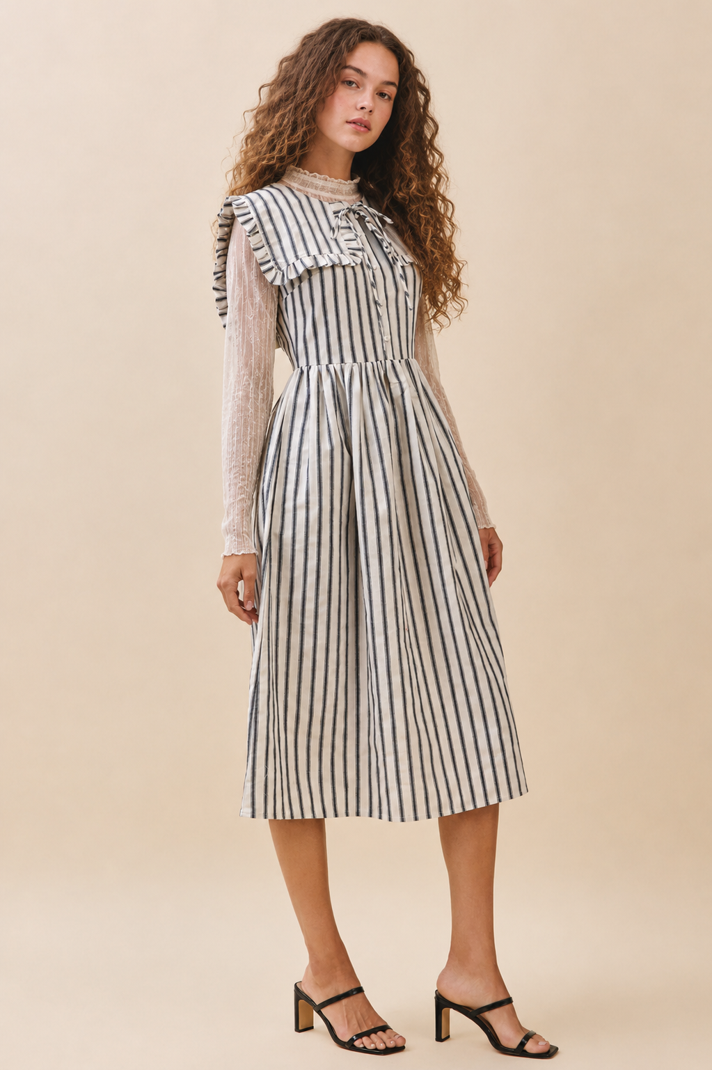 Striped Ruffled Square Collar Front Tie Midi Dres