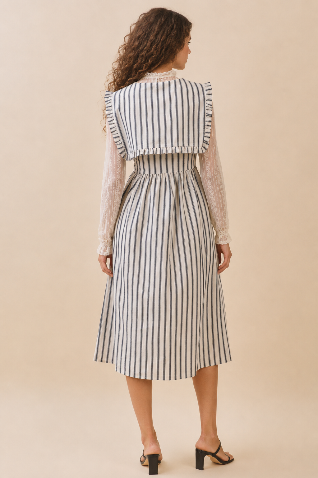 Striped Ruffled Square Collar Front Tie Midi Dres