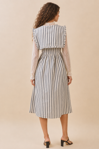 Striped Ruffled Square Collar Front Tie Midi Dres