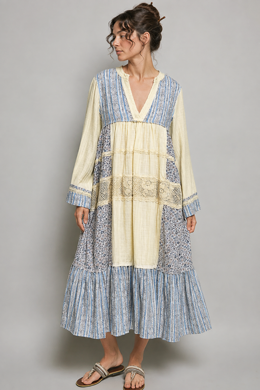 Double Gauze Lace Trim Bohemian V-neck Floral Maxi Dress