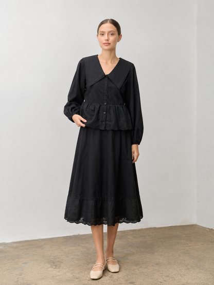 COTTON EYELET ACCENT COLLARED TOP & SKIRT SET
