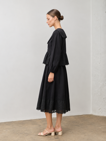 COTTON EYELET ACCENT COLLARED TOP & SKIRT SET