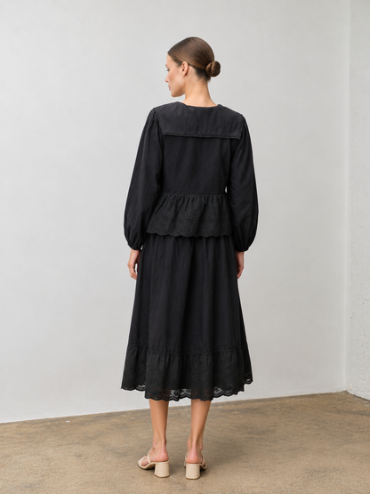 COTTON EYELET ACCENT COLLARED TOP & SKIRT SET