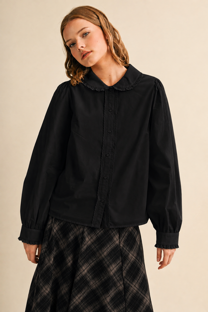 BUTTON UP TOP WITH SCALLOPED TRIM PETER PAN COTTON BLOUSE BLACK WHITE MUSHROOM