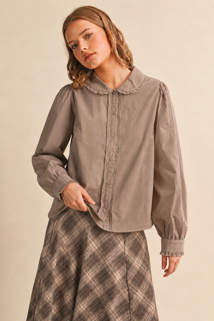 BUTTON UP TOP WITH SCALLOPED TRIM PETER PAN COTTON BLOUSE BLACK WHITE MUSHROOM