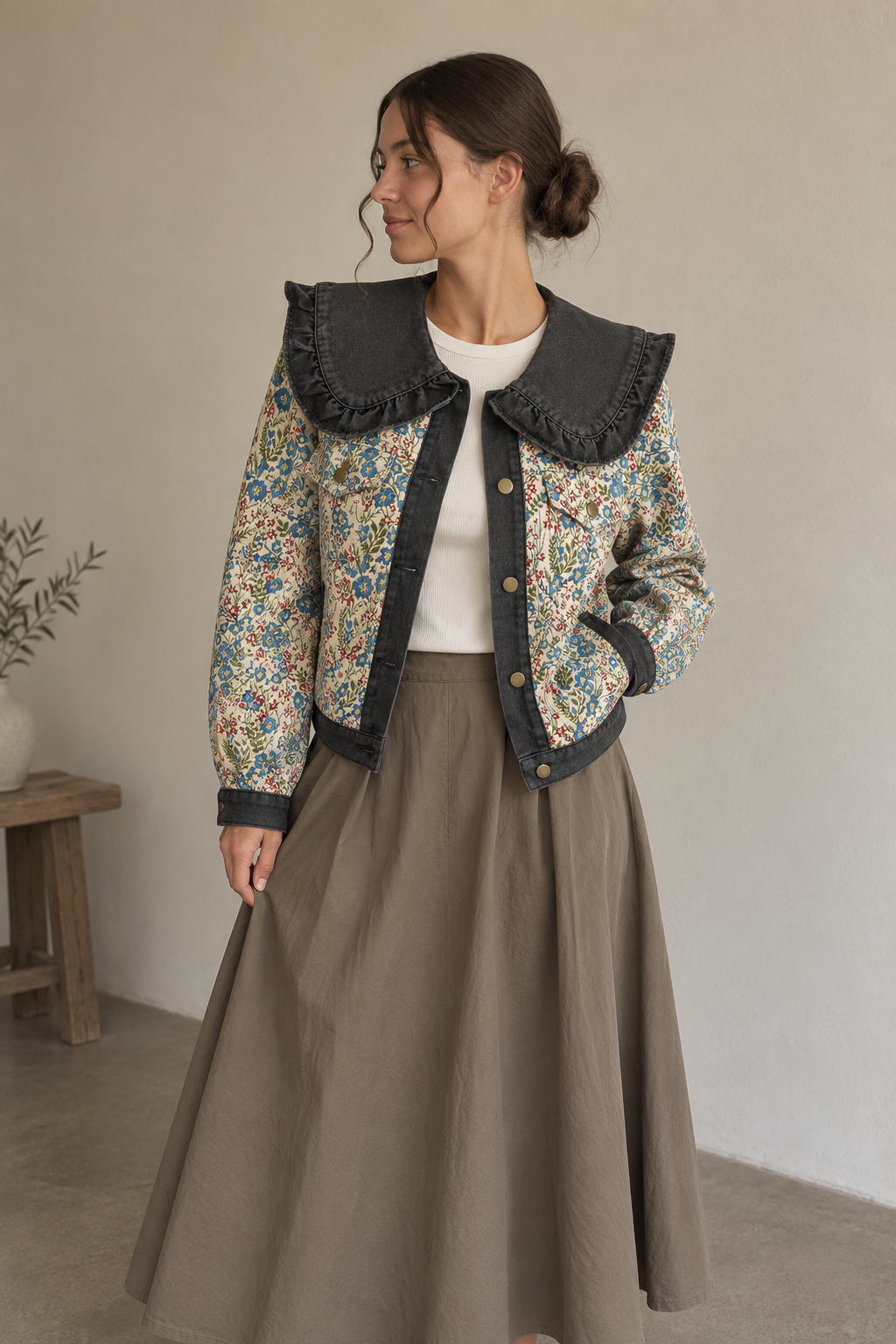 Ruffled Floral Denim Jacket