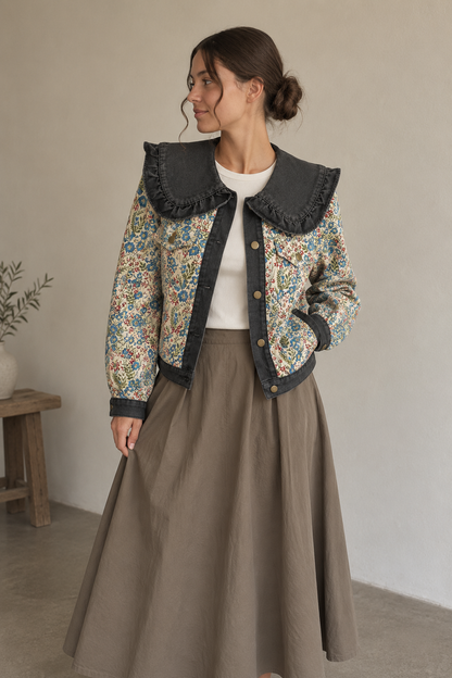 Ruffled Floral Denim Jacket
