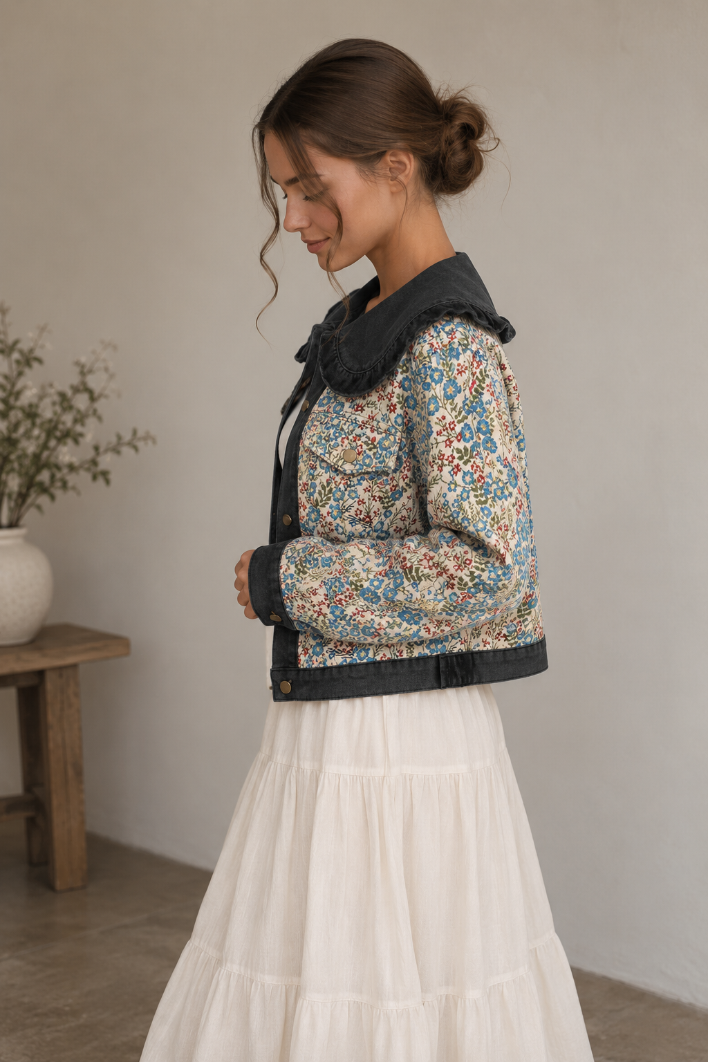 Ruffled Floral Denim Jacket