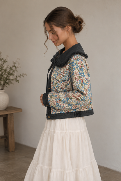 Ruffled Floral Denim Jacket