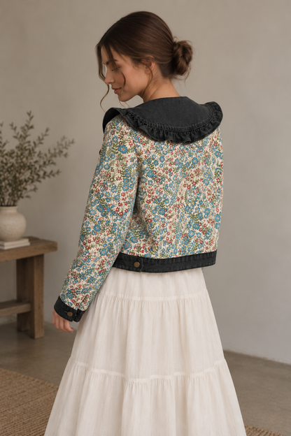 Ruffled Floral Denim Jacket