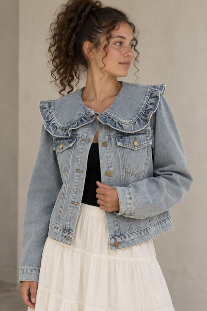Stylish Ruffle Collar Denim Jacket