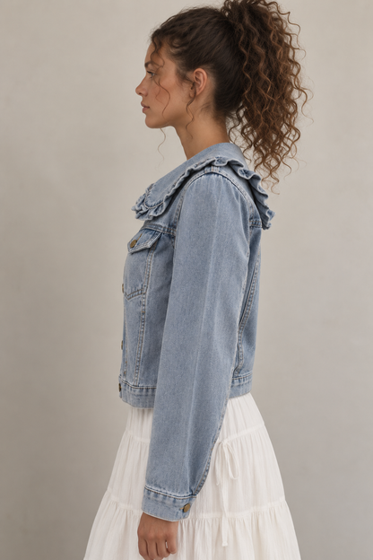 Stylish Ruffle Collar Denim Jacket