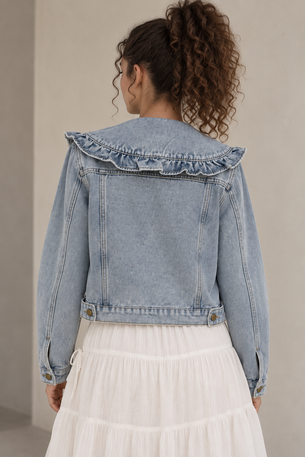 Stylish Ruffle Collar Denim Jacket
